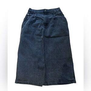 Vintage 80s Chic Faded Black Denim High Waisted Pleated Midi Skirt Size 26”